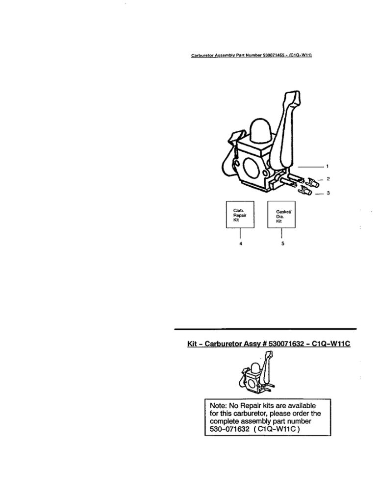 Carburetor Diagram and Parts List for BV200 Type 2 RECON Weed Eater Leaf Blower / Vacuum